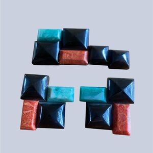 Vtg Turquoise, Black & Coral Geometric Statement Clip on Earrings and Brooch